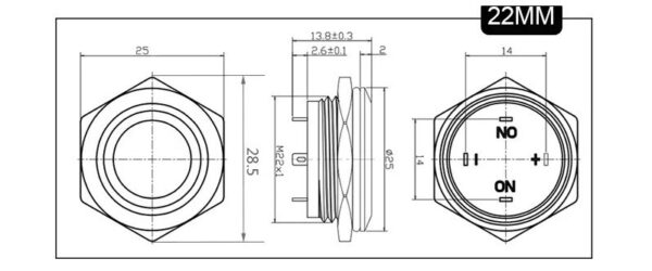 Trykknap LED 12-24V 22MM Sølv Momentary - Rød - Image 3