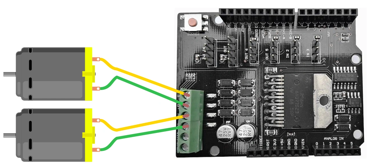 Arduino Uno L298NH Dual Channel Motor Driver Shield Eksempel Arduino Uno L298NH Dual Channel Motor Driver Shield Eksempel